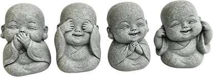 4-in-1 Mini Buddha Statue Set - See/Hear/Speak/Think No Evil, Zen Feng Shui Decor for Home, Aquarium, Garden, Office - Spiritual Resin Figurines with Blessing Amulet (Mini Buddha Statue)