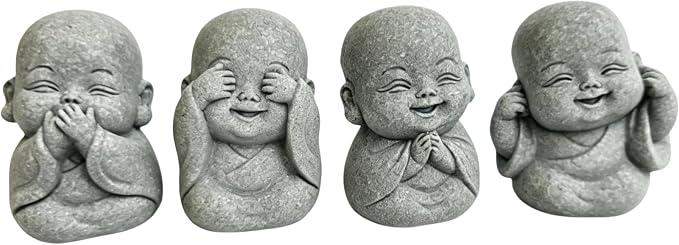 4-in-1 Mini Buddha Statue Set - See/Hear/Speak/Think No Evil, Zen Feng Shui Decor for Home, Aquarium, Garden, Office - Spiritual Resin Figurines with Blessing Amulet (Mini Laughing Buddha)
