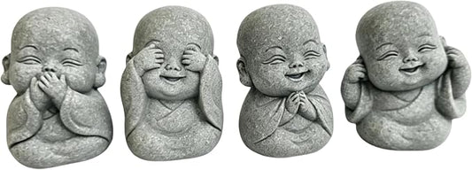 4-in-1 Mini Buddha Statue Set - See/Hear/Speak/Think No Evil, Zen Feng Shui Decor for Home, Aquarium, Garden, Office - Spiritual Resin Figurines with Blessing Amulet (Mini Laughing Buddha)