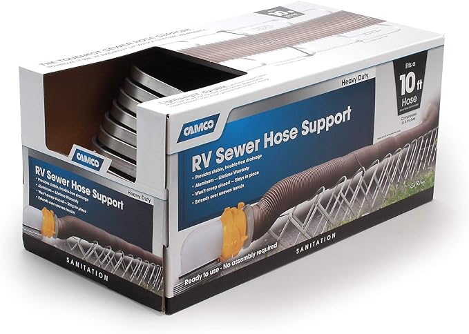 Camco Aluminum Sewer Hose Support, Supports Sewer Hoses Up to 10', Includes Strap Kit to Secure Your Hose in Place, Durable Construction, Lightweight Design, 40351