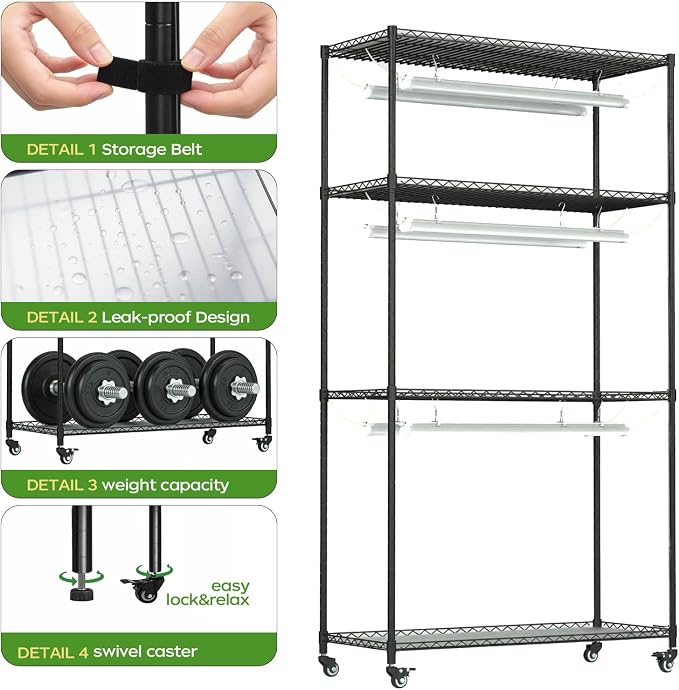 Plant Stand with Grow Lights, Indoor Plant Shelf with Wheels | 36"x14"x63" sturdy Metal Plant Shelving, 6 full-spectrum Grow Light, Timer, Thermometer for herbs, seed starting, propagation