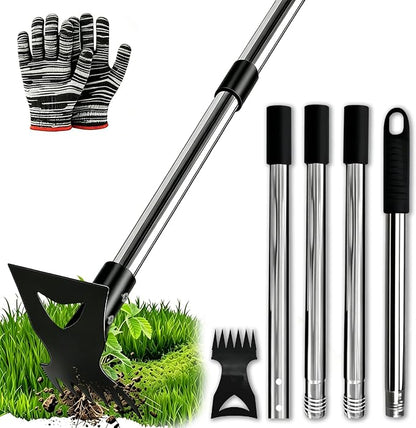 Weed Puller Tool with Long Handle (58IN) & Gloves, 2-in-1 Gardening Hand Tools Weeds Remover, Weeder Rake & Garden Hoe Combo, Manual Weeding Puller Tool for Garden Yard Patio Lawn