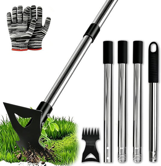 Weed Puller Tool with Long Handle (58IN) & Gloves, 2-in-1 Gardening Hand Tools Weeds Remover, Weeder Rake & Garden Hoe Combo, Manual Weeding Puller Tool for Garden Yard Patio Lawn