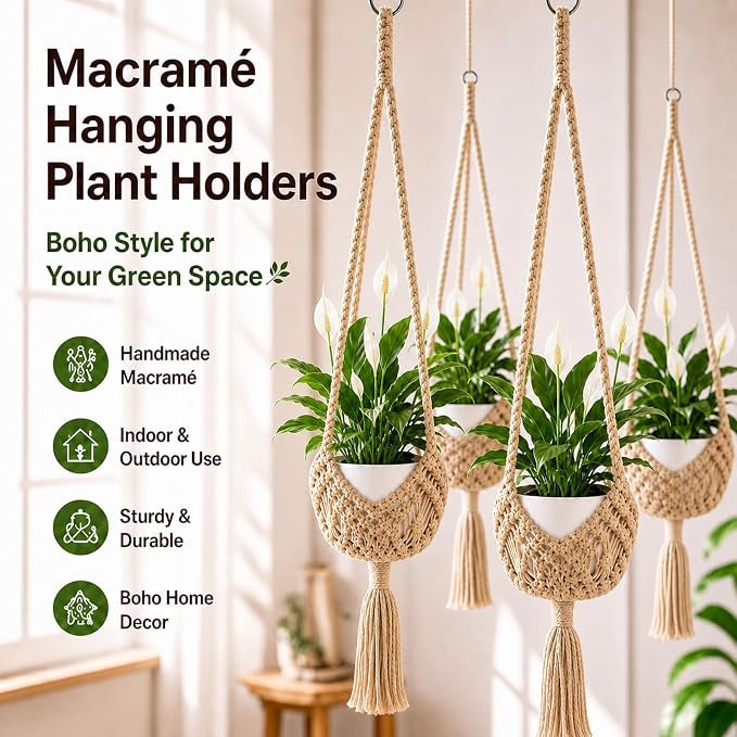 Shappy 3 Pack Boho Macrame Plant Hanger, Large Hanging Planter Plant Holder Pot Hanger Hanging Basket Wall Planters, Plants Lover Gift for Indoor Garden (Spiral Knot,Jute Color)