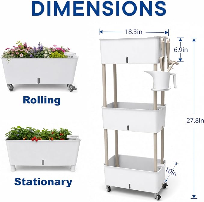 3-Tier 46.7"H Rolling Raised Garden Bed with Wheels, Self Watering Planter Box with Visible Water Level, Gray Rustproof Plastic Herb & Strawberry Planter for Indoor Outdoor Vegetables Flowers, DIY Kit