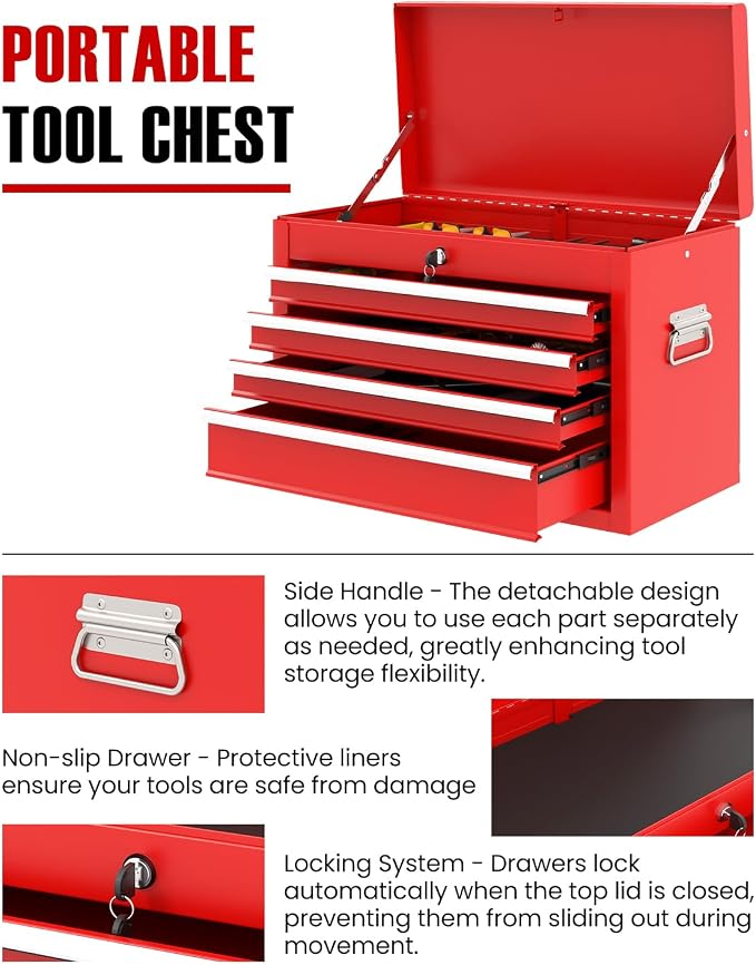 ARNOT 2-in-1 Rolling Tool Chest with 5 Drawers, Heavy-Duty Metal Tool Box with Wheels, Detachable Top Tool Box & Rolling Tool Cabinet for Garage, DIY (6-Drawers Whith Middle Box, Red)