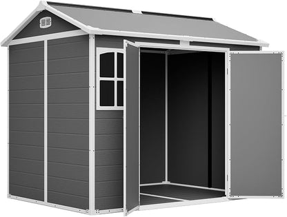 PVWIIK 8x6 ft Resin Outdoor Storage Shed with Floor & Window, Lockable Waterproof All-Weather Utility Shed for Garden Tools & Trash Bins, Gray-White
