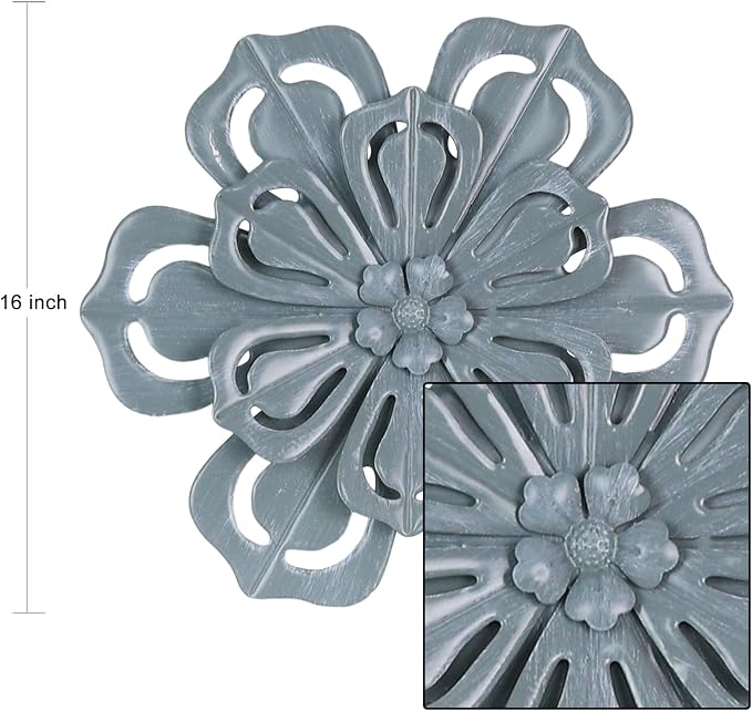 hogardeck Metal Flower Farmhouse Wall Decor, 16" Large Floral Metal Blue Wall Art for Indoor Outdoor, Boho Wall Decor for Bathroom, Living Room, Kitchen, Bedroom, Porch, Garden, Yard