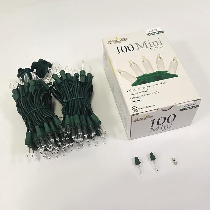 Brite Star 100 Count Mini String Christmas Lights, Clear - 22 feet Indoor/Outdoor Christmas Tree Lights with Green Wire
