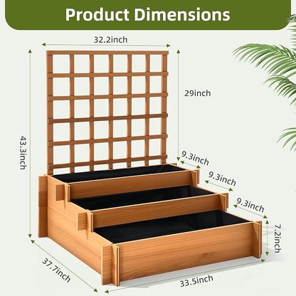43" 3-Tier Fir Wood Raised Garden Bed Planter with Trellis | Fir wood tiered planter with trellis, liners, and 3 growing beds for flowers, herbs, veggies, vines, patio, or yard