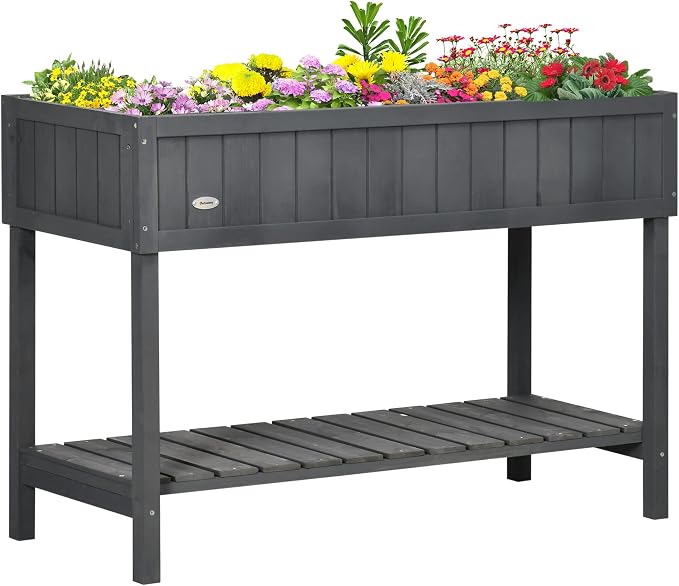 Outsunny 43x18x30in Raised Garden Bed with 8 Pockets and Shelf, Wooden Elevated Planter Box with Legs to Grow Herbs, Vegetables, and Flowers, Dark Gray