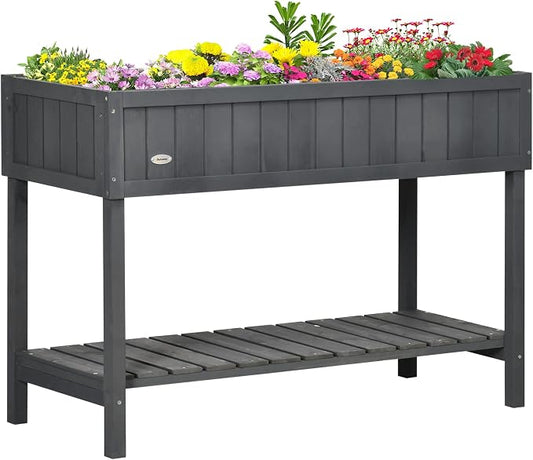 Outsunny 43x18x30in Raised Garden Bed with 8 Pockets and Shelf, Wooden Elevated Planter Box with Legs to Grow Herbs, Vegetables, and Flowers, Dark Gray