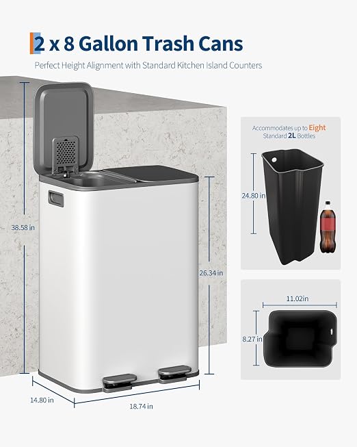 GarveeHome 2 x 8 gal Stainless Steel Double Trash Can with Lid for Kitchen, Large Dual Trash and Recycle Bin Combo, Step-on Kitchen Metal Garbage Cans, PP Inner Buckets, Liner Rim, Grayish-White