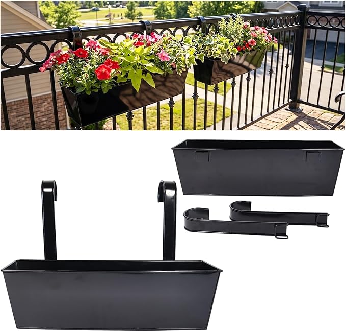 Outdoor Railing Hanging Planter Pot, 17" Metal Planter Pots for Plants, Fence Flower Pot for Porch Balcony with Detachable Hook & Drainage Hole (Rectangular-Black, Pack of 2)