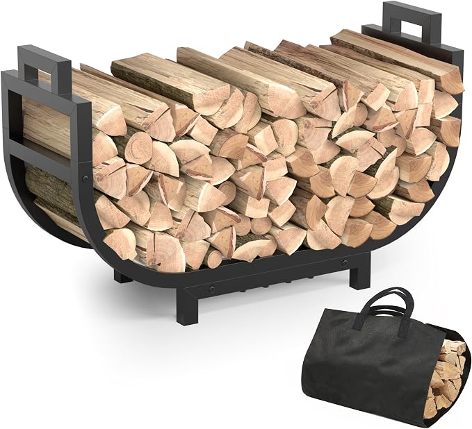 34 Inch Firewood Rack Outdoor Indoor with Handle and Log Carrier Bag, Stable Metal Wood Rack Heavy Duty Log Holder for Fireplace Patio Deck, Rustproof Firewood Storage Organizer Tool, Black