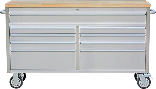 Heavy Duty 61" Tool Chest Cabinet, Mobile Garage Workbench with 9 Drawers and Power Strip, Rubber Wood Worktop, 1675 LBS Load, Rolling Tool Storage Organizer for Mechanic, Shop or Home Use