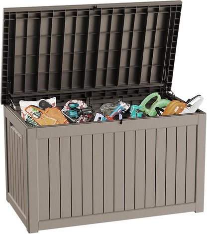 230 Gallon Deck Box, Waterproof Resin Outdoor Storage Box Lockable for Patio Furniture, Fade Resistant Patio Side Table & Organizer for Garden Tools, Pool Float, Outdoor Cushions, Light Coffee