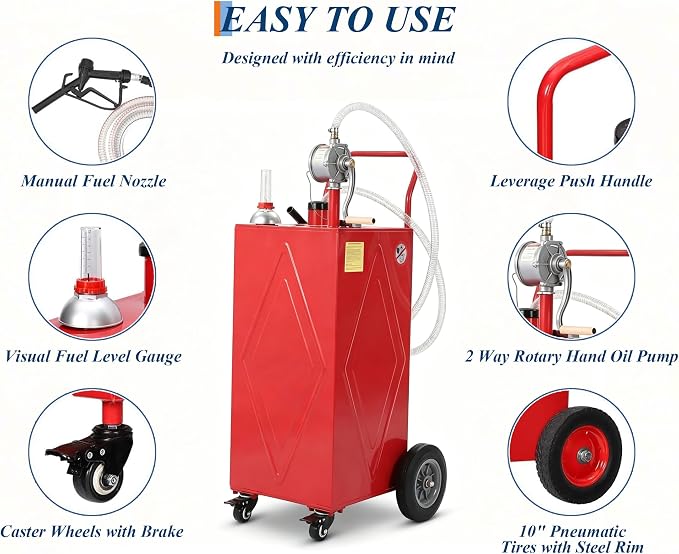 Garvee 30 Gallon Fuel Caddy with Manual Transfer Pump, Portable Gas Storage Tank on 4 Wheels, Gasoline & Diesel Fuel Storage Tank for Cars, Lawn Mowers, ATVs, Boats, More, Red | Portable Gas Storage Tank on 4 Wheels, Gasoline & Diesel Fuel Storage Tank...