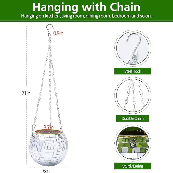 6" Disco Ball Plant Hanger with Hanging Rope, Hanging Chain, Hook, Circle | for Decoration