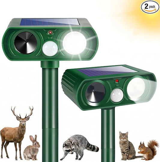 Solar Ultrasonic Animal Repellent Outdoor Deer Repellent Devices,2 Pack Squirrel Cat Deterrent with Motion Sensor & Strobe Light Waterproof Rabbit Repellent Raccoon Fortress Pro for Plants Garden Yard