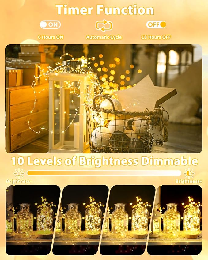 6 Pack 100 LED Fairy Lights Battery Operated with Remote, 8 Modes String Lights Indoor Outdoor, Cuttable Battery Light for Home Bedroom Wedding DIY Centerpiece Christmas Decorations (Warm White)