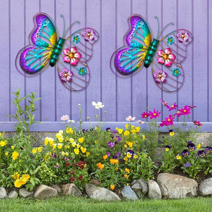 Metal Flower Butterfly Wall Decor Outdoor Indoor Wall Art Sculpture 13" Hanging Waterproof Garden Decorations Home Decorative Ornaments for Yard Fence Patio Balcony Bedroom Living Room Gift