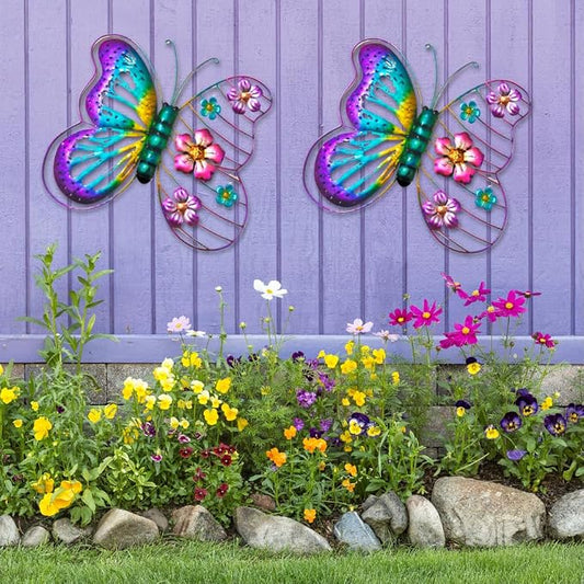 Metal Flower Butterfly Wall Decor Outdoor Indoor Wall Art Sculpture 13" Hanging Waterproof Garden Decorations Home Decorative Ornaments for Yard Fence Patio Balcony Bedroom Living Room Gift