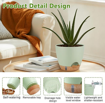 QRRICA Plant Pots 10/9/8/7.5/7 Inch Self Watering Pots, with Drainage Holes and Saucers,Water Level Indicator & Deep Reservoir,Large Plastic Planter for Indoor Out Door Plants (Green)