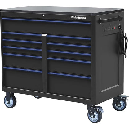 Montezuma Tool Box - 46" x24" 11 Drawer Rolling Tool Cabinet with Multiple Power Outlets & Black Powder Coat Finish - M462411TC