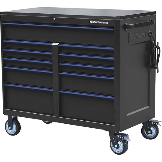 Montezuma Tool Box - 46" x24" 11 Drawer Rolling Tool Cabinet with Multiple Power Outlets & Black Powder Coat Finish - M462411TC