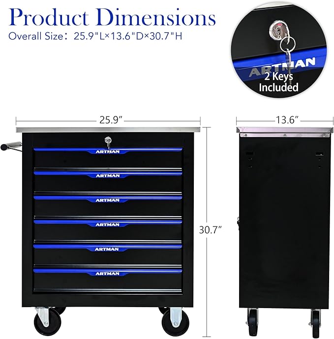 6-Drawer Rolling Tool Chest, Lockable Stainless Top for Garage, Black&Blue | Heavy Duty Modular Roll Around Tool Cabinet with Drawers for Workshop and Tool Box Storage