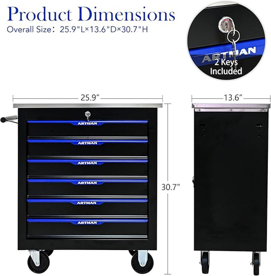 6-Drawer Rolling Tool Chest, Lockable Stainless Top for Garage, Black&Blue | Heavy Duty Modular Roll Around Tool Cabinet with Drawers for Workshop and Tool Box Storage