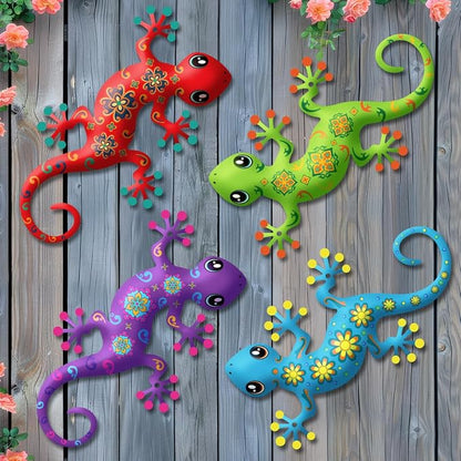 4 Pcs Metal Gecko Outdoor Decorations - Metal Wall Art Hanging Sculpture Decoration for Garden Yard Fence Porch Exterior Wall Decor