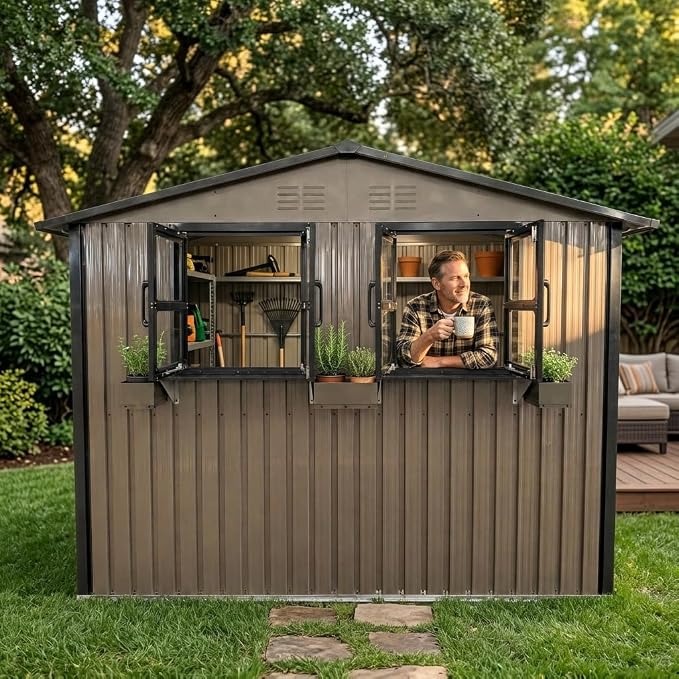 6x9 FT Outdoor Storage Shed with 2 Clear Openable Windows,Waterproof Metal Building Backyard Shed w/Windowsill & Garden Bed Flower Rack,Lockable Double Doors Tool Shed,for Yard,Brown