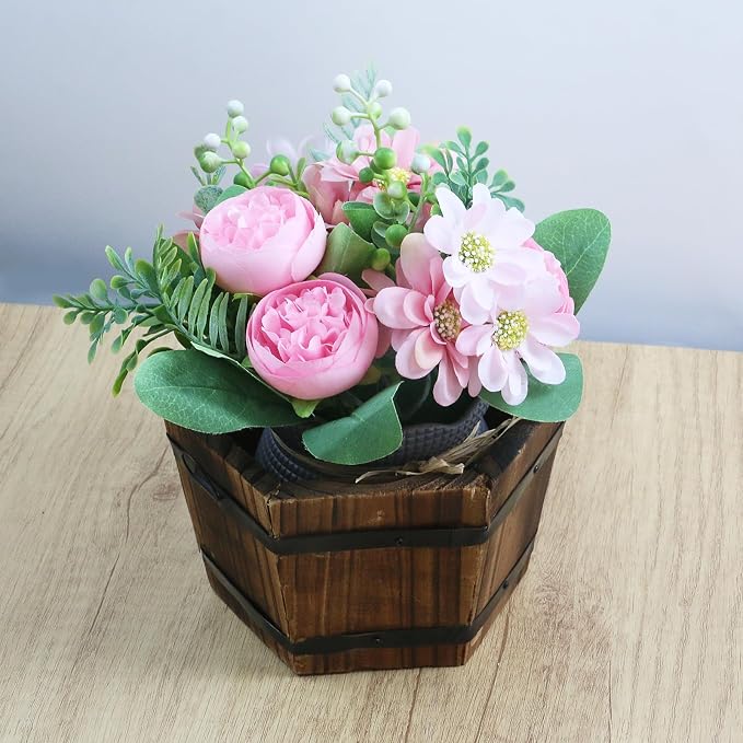 MY MIRONEY Plant Pots, Vintage Wooden Barrel Planter, 6.5" x 3.94" | Solid Rustic Garden Flower Pot with Metal Handles & Frame for Indoor Planter, Office Home Decor, Garden Home Plants
