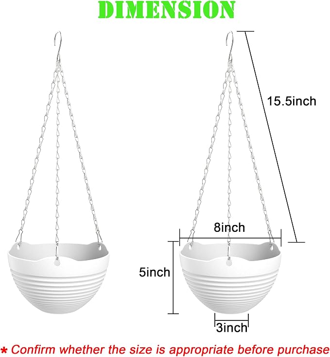 Hanging Planters, Set of 9 White Hanging Pots, 8" Hanging Flower Pots, Plant Pots with Drainage Plugs, Water Barrier and Chains, Come with Free Mini Garden Tools Set