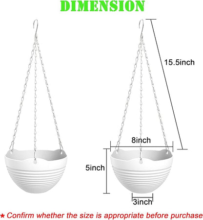 Hanging Planters, Set of 9 White Hanging Pots, 8" Hanging Flower Pots, Plant Pots with Drainage Plugs, Water Barrier and Chains, Come with Free Mini Garden Tools Set