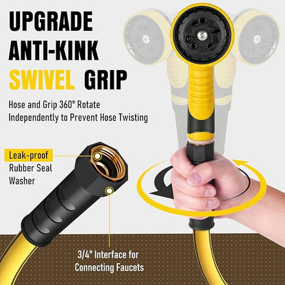 Garden Hose 50 ft x 5/8" with Nozzle, Water Hose Heavy Duty Flexible, Lightweight Kink-less Hybrid Hose with Swivel Handle, Male to Female Fittings