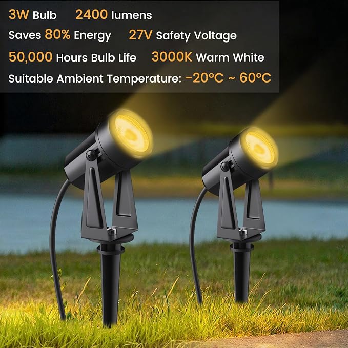 Low Voltage Landscape Lighting,8 Pack Outdoor LED Landscape Spotlights with Transformer 27V Garden Lights Pathway Lights IP65 Waterproof 3000K Warm White