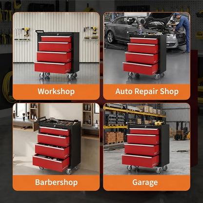 Garvee Rolling Tool Chest, 4 Drawers Tool Storage Cabinet, Toolbox with Wheels, Portable Tool Cabinet Organizer with Locking System & Drawer Liners, Tool Storage Cart for Garage, Workshop, Black＆Red