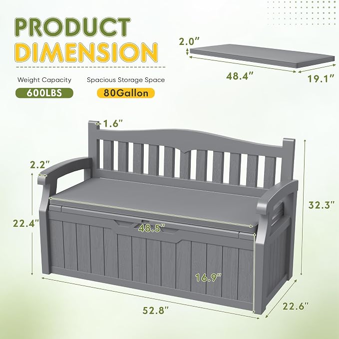 Greesum 80 Gallon Outdoor Storage Bench Deck Box with Cushion & Armrest, Lockable, Waterproof UV Resistant, Comfortable Seating for Patio, Pool, Garden, Grey
