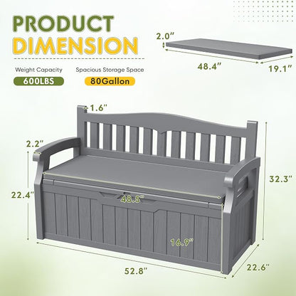 Greesum 80 Gallon Outdoor Storage Bench Deck Box with Cushion & Armrest, Lockable, Waterproof UV Resistant, Comfortable Seating for Patio, Pool, Garden, Grey