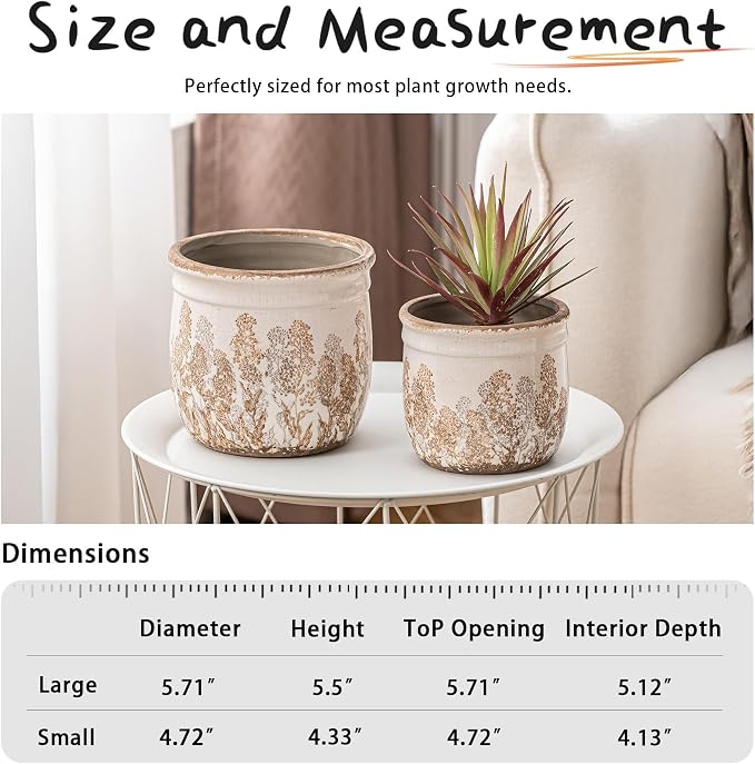 SURE YUESI Ceramic Plant Pots Set of 2, 4.7+5.7 Inch Vintage Indoor Planters with Drainage Hole, Farmhouse Ceramic Flower Pots for Indoor Plants, Rustic Cottage Decor for Home Kitchen Garden, Brown
