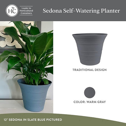 The HC Companies 7 Inch Sedona Round Self Watering Planter Pots, Lightweight UV-Resistant Plastic Indoor & Outdoor Planters, 4-Pack Flower Pots for Garden & Home Decor, Warm Gray
