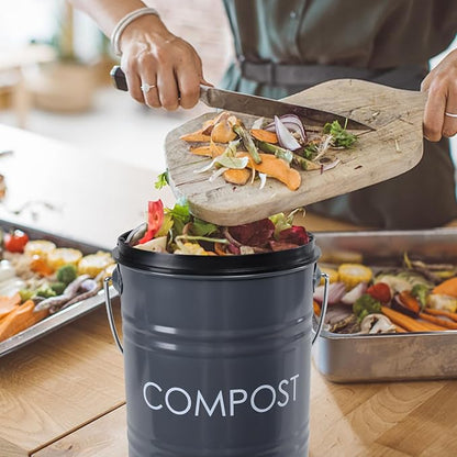 Vipush Compost Bin Kitchen Countertop Composter with lid – Small Compost ContainerI Includes Inner Compost Bucket Liner & Charcoal Filter, Grey