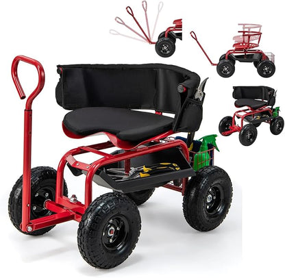 ERGOMASTER Rolling Garden Seat with Wheels, Adjustable 360° Swivel Workseat and Storage Basket, Extendable Handle, Outdoor Gardening Wagon Scooter, Red