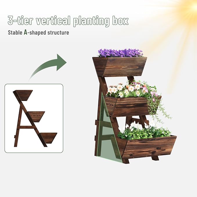 3-Tier Vertical Wooden Raised Garden Bed, Freestanding Garden Planter Box, Wood Flower Rack, Planter Box for Herbs, Vegetables, Outdoor Indoor Use, Small-Carbonized