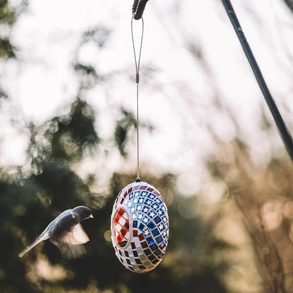 Backyard Expressions Hanging Glass Bird Feeder - Patriotic - Fly Through Bird Feeders for Outside, Mosaic Bird Feeder, Round Shape Wild Birdfeeder