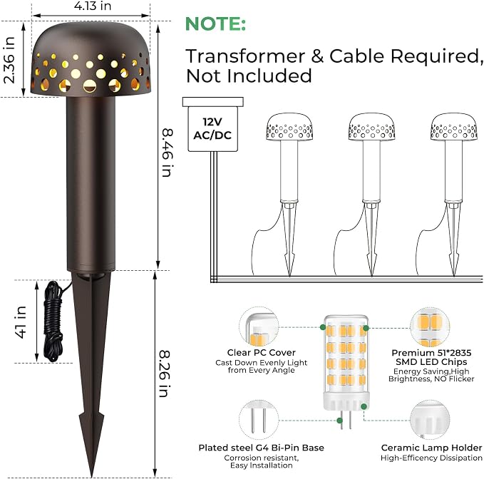 Gardencoin Low Voltage Landscape Pathway Lights, 12V Outdoor Mushroom Decorative Lights, Unique Aluminum Path Lighting with 4W 2700K Replaceable Bulb for Walkway Garden Yard, 6 Pack