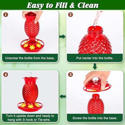 Fchstaer Glass Hummingbird Feeders for Outdoors Hanging 16oz 1 Pack Red Pineapple Bee & Ant Proof 360°Perch Leakproof Easy Clean with 6 Feeding Ports Gifts for Mom